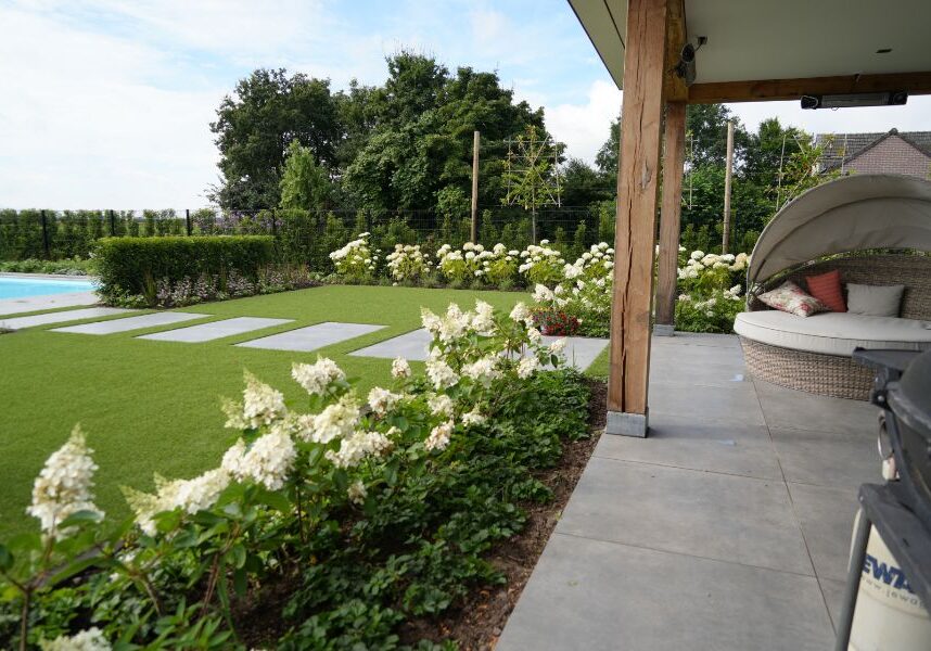 moderne achtertuin met zwembad, groenblijvende hagen en kleurrijke borders dutch quality gardens erica tuinen (1)